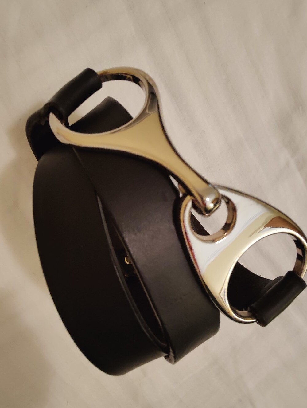 Chico's Adjustable Black Leather Belt with Silver Tone Horsebit Hardware, ML